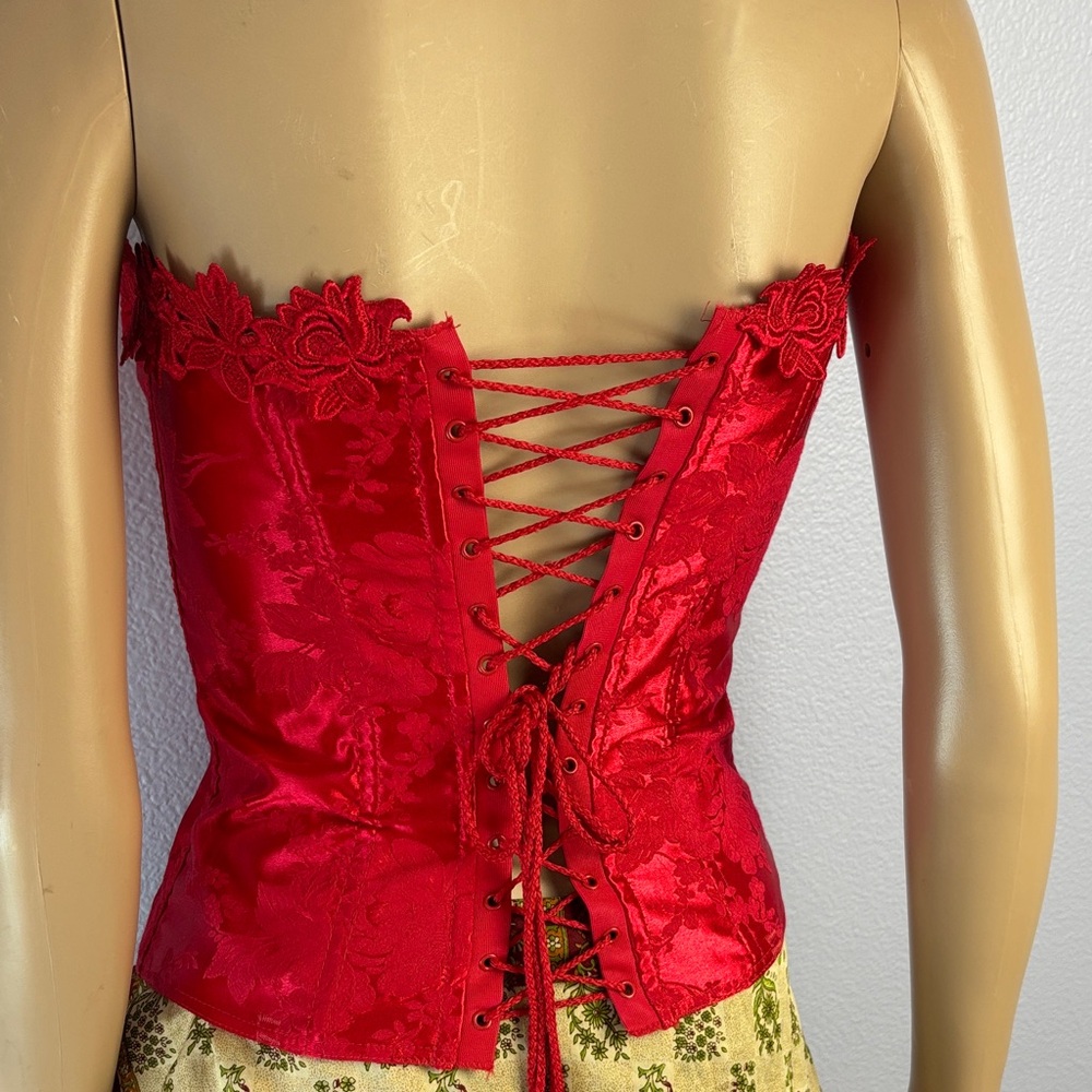 Red Floral Structure Satin Silk Lace Corset Top with Boning and Cinch Back